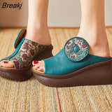 Fish-mouth Summer Genuine Leather Slippers Women Sandals 2023 New Platform Wedges Slippers Ethnic Sandals Women