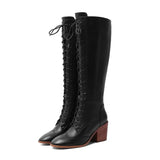 Winter Knee High Boots Women Natural Genuine Leather Chunky High Heel Tall Boots Zipper Round Toe Shoes Lady Size
