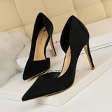 Breakj Fine High Heel Satin Shallow Mouth Pointed Head Side Hollow Out Sexy Nightclub Show Thin Single Shoes Women's High