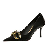 Breakj Fashion Banquet Women's Shoes Heel High Heel Shallow Pointed Big Metal Buckle Single Shoes High