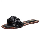 Weave Slippers Flat Sandals Open Toes Square Soft Green Foot Pad Leisure Large Size 37-42 Flip Flops Office Women