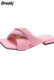 Soft Pu Leather Slides Women Flat Slippers Summer Outdoor Open Toe Metal Buckle Designer Sandals Shoes Blue Flip