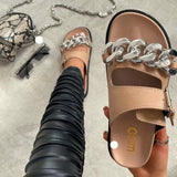 Summer Women Metal Chains Slipper Open Toe Runway Ladies Green Black White Med Heel Slides Shoes Peep Toe