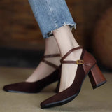And Autumn New High Heels Female Suede Retro Square Head Thick With Cross Buckle Belt Korean Version Of Shallow Mouth Mary Jane Single Shoes