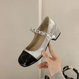 Breakj New Square Head High Heel Single Shoes JK Sweet Mary Treasure Shoes Coarse Heel Pearl Buckle Large Size Women's