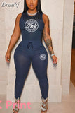 Sexy Women Skinny Two Piece Sets Summer Bodycon Tracksuits Sleeveless PrintingTop + Leggings Pants 2pcs Outfits