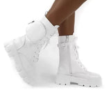 2020 Autumn Winter Bootie Pocket Buckle Strap Pink Chunky Boots Leather Patchwork Arrival Platform Boots Mid-calf