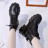 Toe Med Heel Boots Women Shoes Autumn Boots-women Booties Ladies Lace Up Luxury Designer Lolita Black 2021 Rubber