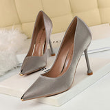 Breakj Fashion Banquet Women's Shoes With High Heel Satin Shallow Metal Pointed Sexy Show Thin Single