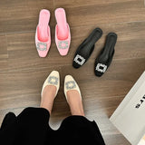 Breakj Half Drag Female 2024 Summer New Fashion Rhinestone Square Buckle Flat Bottom Cool Drag Flat With Slippers Women's Shoes