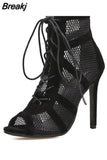 Summer Ladies High Top Dance Shoes Black Ballroom Boots Salsa Tango Shoes Fashion Mesh Stiletto Heel Plus Size