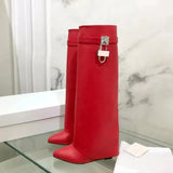 Buckle Women High Knee Boots Large Size High Heels Designer Shoes British Style Denim Wedges Knight Boots For Women