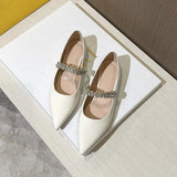 leather crystal ankle band flat shoes woman pointed toe rhinestone ballet flats female loafers comfy