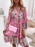 Fashion Flare Sleeve Women Party Dress Spring Vintage Floral Print Loose Dress Lady Elegant V Neck Ruffle Beach Pullover