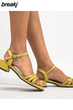 4cm Shoes Women Leather Ankle Strap Sandals Thick Heel Sandals Mid Heels Buckle Ladies Footwear Summer Black White