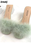 5CM Summer Fluffy Peep Toe Sexy High Heels Women Shoes Fur Feather Lady Fashion Wedding Slip-On Square Toe Women