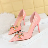Breakj Banquet High Heels Fine Heel High Heel Shallow Tip Side Hollow Out Metal Diamond Buckle Single Shoes Women's