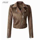 Women Faux Suede Jacket Coats Motorcycle Zipper Turndown Collar Faux Soft Leather Overcoat Female Black Punk Short