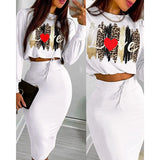 Commute Women Casual Printed Long Sleeves T-shirt Skirt Two Piece Set Autumn Elegant High Waist Office Lady Vestidos Set