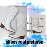 Western Women Boots Brand Chunky Heeled Autumn Retro Embroider White Cowboylid Calf Long Boots Lady Big Size Shoes