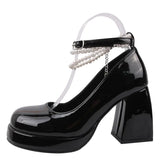 High Heels Mary Jane Shoes for Women 2023 Patent Leather Platform Pumps Woman Pearls Chain Thick-Heeled Shoes