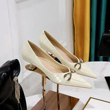 Breakj Women's Shoes Fine Heel With Shallow Mouth Pointed Retro Stone Grain Patent Leather Metal Leather Buckle Single