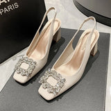 Breakj Summer New Fashion Baotou Square Head Diamond Square Buckle Set High Heel Sandals Thick Heel Women's