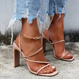 Women Sandals Square Toe Thick High Heels Shoes Ladies Fashion Party Slip On Woman 2021 Footwear New Female Plus