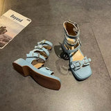 Sandals Woman Leather Low-heeled PU Rome Slides Fabric Hoof Heels Rubber Low Sandals Woman Leather Low-heeled Slides