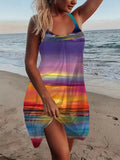 Vintage Print V Neck Dress 2022 Spring Loose Ladies Mini Dress Summer Beach Off Shoulder Sleeveless Strap Party Dress