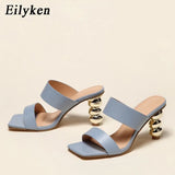 New Design Metal Strange High Heels Summer Women Slipper Elegant Square Toe Slip-On Sliders Shoes Ladies Sandals Size