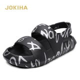 Summer New Men Sandals Fashion Graffiti Black White Beach Sandals Shoes Yez Slippers Slides Plus Size Thick Sole