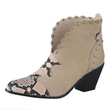 Fashion Women's Autumn and Winter Lace PU Leather Cowboy Ankle Boots Rivets Women's High Heels Ankle Boots Snake