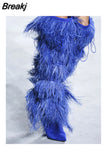 Women's High Boots Suede Cross-tied Pointed Toe Party High Heel Shoes Sexy Ostrich Feather Women's Over The Knee