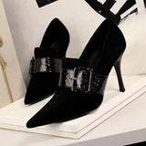 Breakj Women's Shoes High Heel Suede Sexy Nightclub Show Thin Snake Grain One Word Belt Belt Buckle Deep Mouth Single