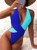 Women New Cross V-Neck Colorblock One Piece Swimsuit Summer Sexy Backless Slim Bikini 2022 Fashion Pleated One Piece