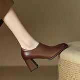 New Square Head Retro Casual Single Shoes Thick Heel Side Zipper Deep Mouth High Heel Square Head Black Solid Color Single Shoes