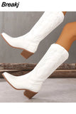 Western Women Boots Brand Chunky Heeled Autumn Retro Embroider White Cowboylid Calf Long Boots Lady Big Size Shoes