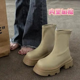 Boots Rock Shoes Woman Round Toe Lace Up Plush Winter Footwear Boots-Women Med Lolita Fur 2023 Autumn Ankle Solid Rome