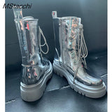 Women Silver Short Boots Belt Buckle Rhinestone Cross Strap Women's Mid Calf Boots Platform Motorcycle Martin Boots Trend