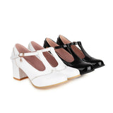 Women's Classic T-Strap Patent Leather Pumps High Chuncky Heel Mary Jane Round Toe Oxfords Dress Shoes Japanese Office Lady