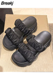 Casual Shoes Woman 2023 On A Wedge Platform Pantofle Heeled Mules Luxury New Soft High Flat Fashion PU Slides