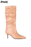 Women Mid-Calf Boots Sexy Solid Color Leather Folds Boots Pointed Toe Thin Heels Stiletto Party Shoes Large Size