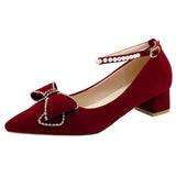 Pointed Toe Bride Shoes for Wedding 2023 Luxury Pearls Ankle Strap Flock Pumps Woman Bowknot Sqaure Heels Party Shoes