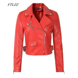 Women Black Faux Leather Jackets Pu Motorcycle Zipper Faux Soft Leather Rivet Zipper Red Pink Turn-down Collar