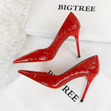Breakj Bright Face Patent Leather Woven Grain Fine Heel Super High Heel Shallow Mouth Pointed Head Sexy Nightclub Show Thin Female Singles