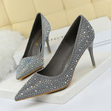 Breakj Korean Version Of Fashion Banquet Women's Shoes Thin Heel Shallow Mouth Pointed Head Sexy Show Thin Water Diamond Color Diamond High Heel Single