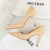 Breakj Bright Face Patent Leather Woven Grain Fine Heel Super High Heel Shallow Mouth Pointed Head Sexy Nightclub Show Thin Female Singles