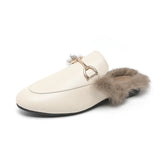 Breakj Half Slippers Woman 2025 Winter Real Rabbit Hair Round Head Lazy Man One Foot Outside Wearing Flat-Soled Muller Shoes Large-Size