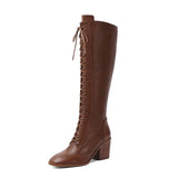 Winter Knee High Boots Women Natural Genuine Leather Chunky High Heel Tall Boots Zipper Round Toe Shoes Lady Size